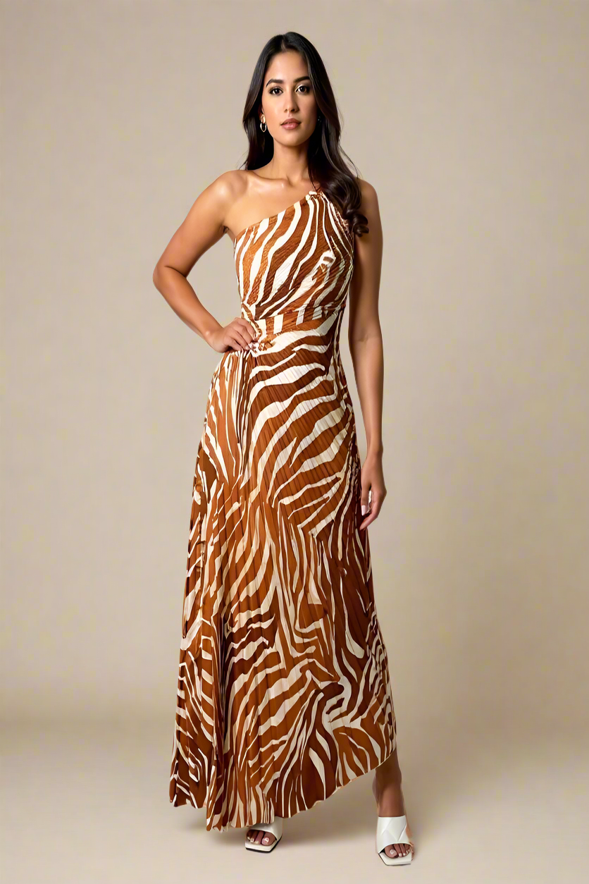 Aurora™ | Plisseret one-shoulder kjole med zebramønster